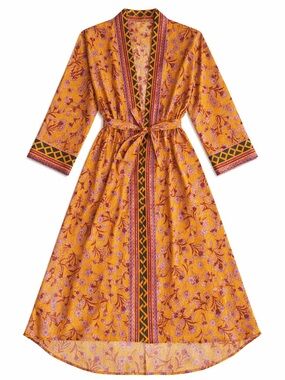 Intimately Free People Satin Kimono Maxi Robe Duster Open Front Tie Belt